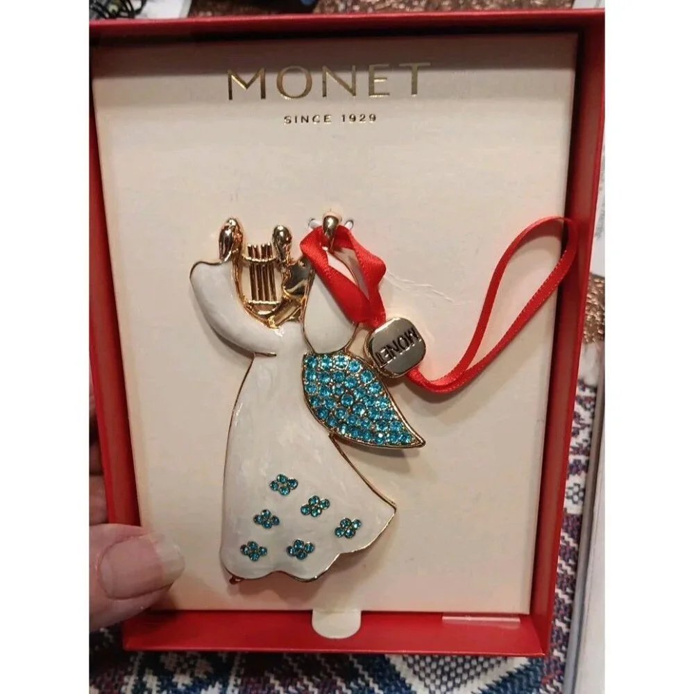 Monet Angel Harp‎ Ornament Pendant White Enamel Blue Rhinestone Christmas